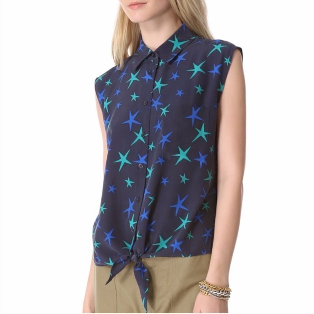 Equipment Femme Star Print Sleeveless Tie Front Blouse Top Size S